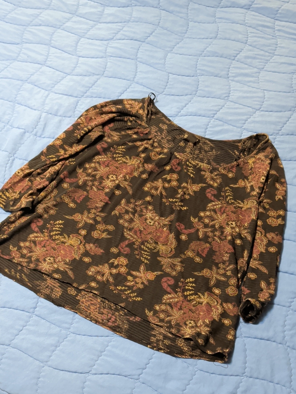 Lucky Brand Black Long-Sleeve Floral Top with Rust & Tan Print